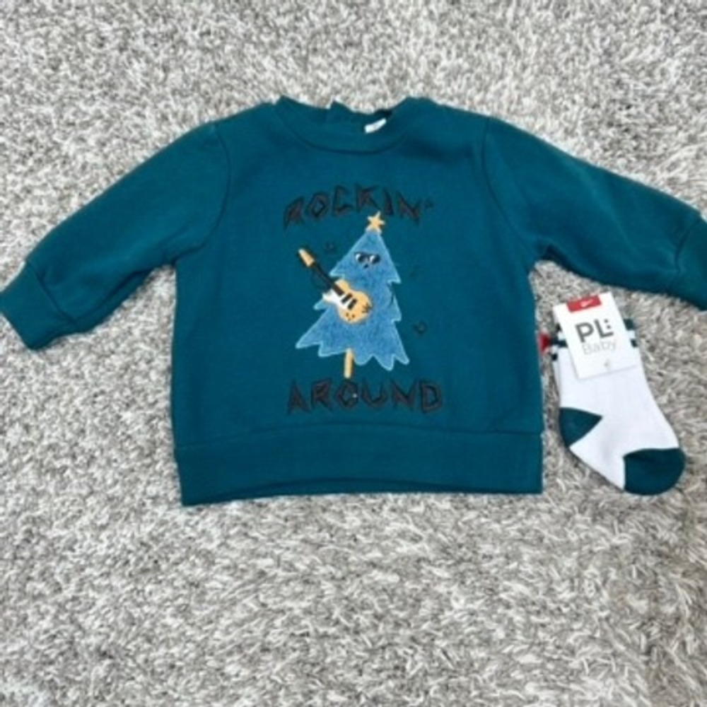 PL Baby Teal Rockin' Around Christmas Tree Graphic Sweatshirt & Socks 3M Holiday